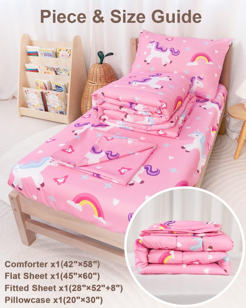 TinyPalsa Toddler Bedding Set, 4-Piece Pink Rainbow Pony Comforter Set for Girls and Boys, Breathable Crib Bedding Includes Ultra-Soft Quilt, Flat & Fitted Sheets, Pillowcase - Image 3